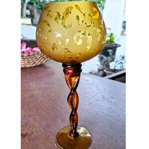 Stunning Hand-Blown Amber Art Glass Twisted Stem Etched Frosted Bowl